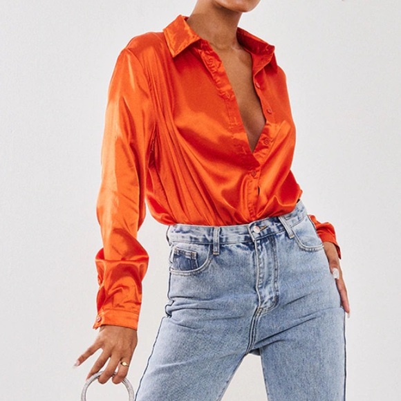 Orange Satin Button Front Shirt - Picture 3 of 6